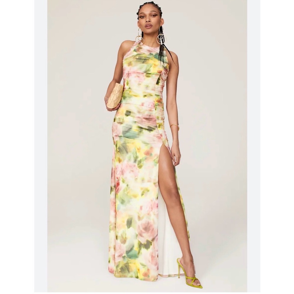 Black Halo Floral Halter Maxi Dress in Pastel Pink, Yellow & Green